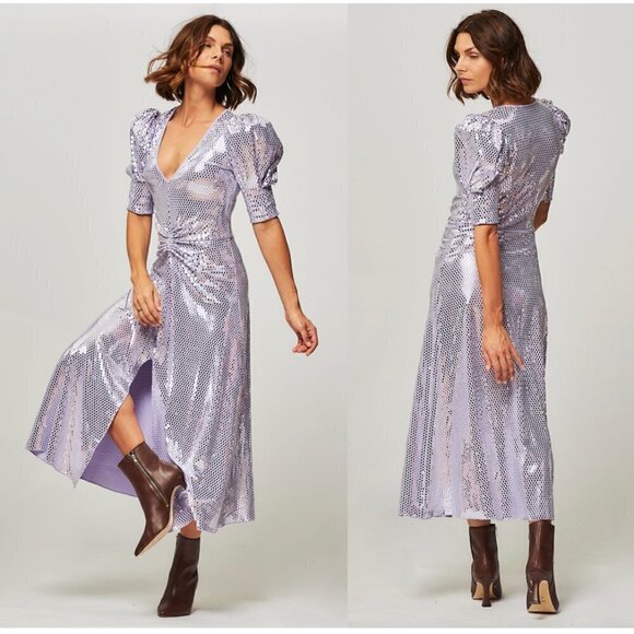 ROTATE Sierina Ruched Puff Sleeve Metallic Midi Dress in Purple Size US 0 - Picture 2 of 16